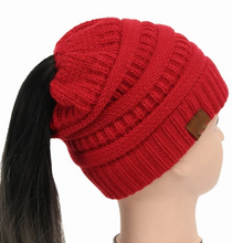 Load image into Gallery viewer, High Bun Ponytail Beanie Hat Chunky Soft Stretch Cable Knit Warm Fuzzy Lined Skull Beanie Acrylic Hats Men And Women
