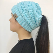 Load image into Gallery viewer, High Bun Ponytail Beanie Hat Chunky Soft Stretch Cable Knit Warm Fuzzy Lined Skull Beanie Acrylic Hats Men And Women
