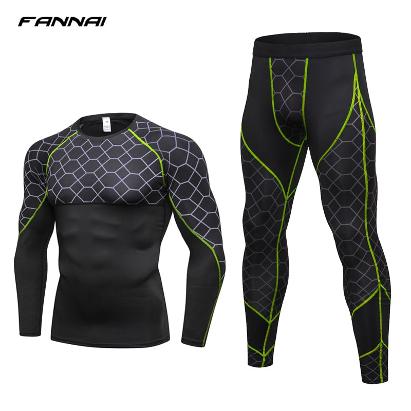 Men's Compression Run jogging Suits Grid Clothes Sports Set Long t shirt And Pants Gym Fitness workout Tights clothing 2pcs Sets