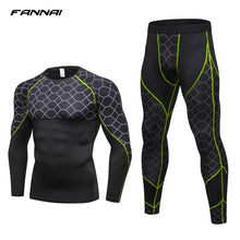 Load image into Gallery viewer, Men&#39;s Compression Run jogging Suits Grid Clothes Sports Set Long t shirt And Pants Gym Fitness workout Tights clothing 2pcs Sets
