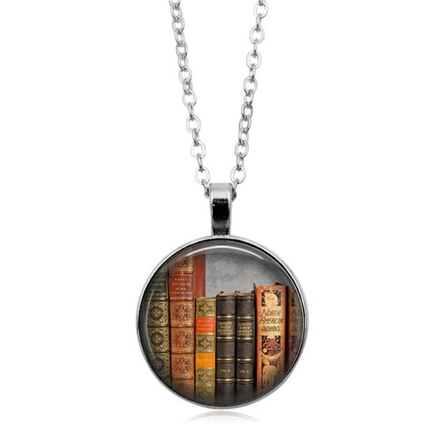 Vintage Necklace For Women Library And Books Time Fashion Silver Color Necklace Pendant Jewelry Unisex Sweater Accessories Gifts